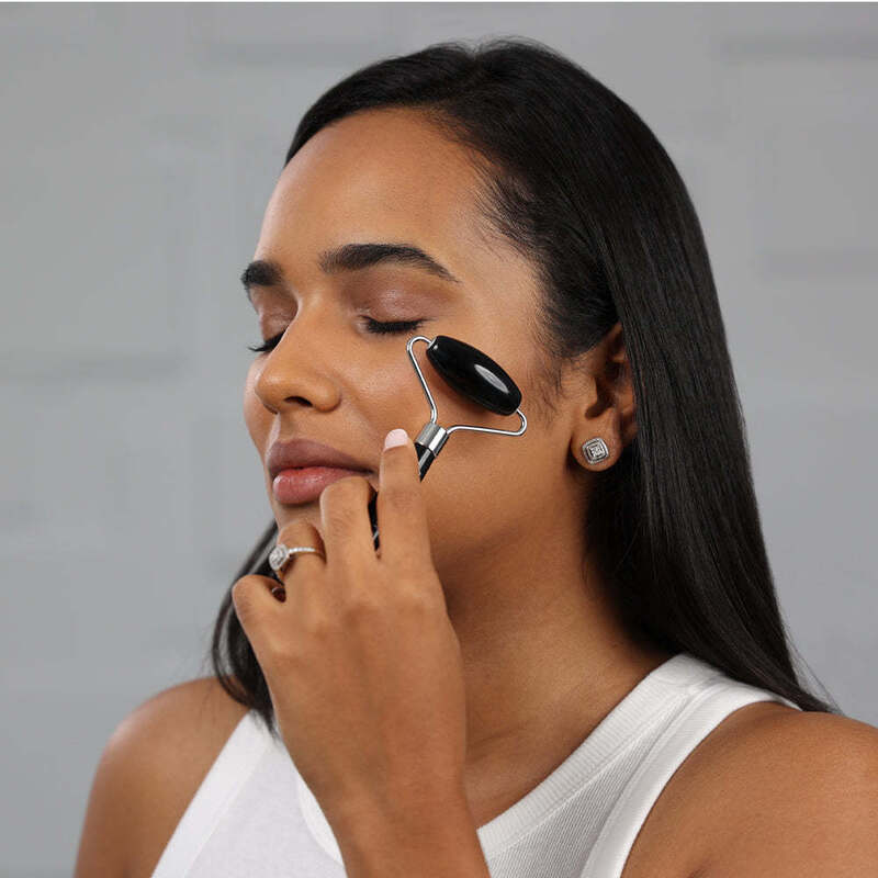 Black Obsidian Stone Contouring Set with Obsidian Roller and Gua Sha for Improved Circulation, Reduced Puffiness, and Anti-Aging Benefits