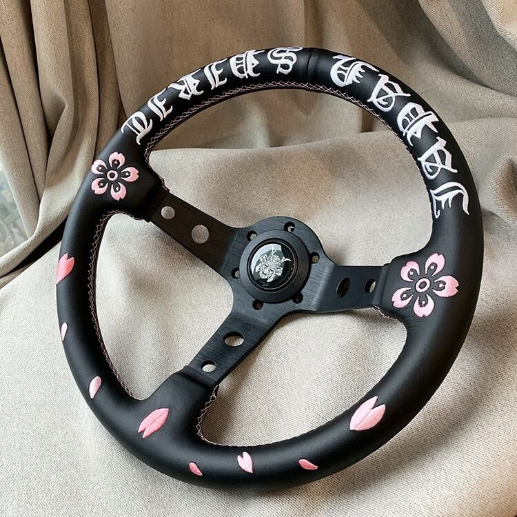 Tiypeor Custom Cherry Blossom Ghost Head Microfiber Leather 350mm Steering Wheel for Universal Cars
