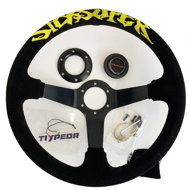Tiypeor 350mm Diameter Suede Leather Deep Dish Racing Sport Steering Wheel with Universal Fit