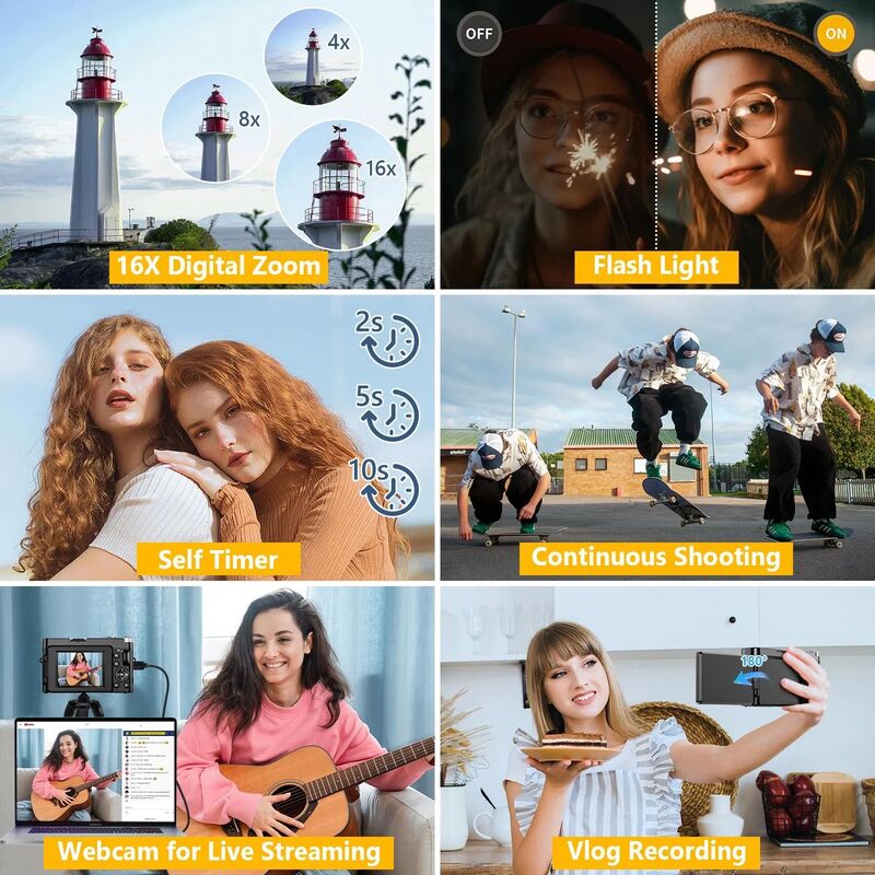 DC101 4K Ultra HD Digital Camera with 64MP High-Resolution Photos and 180° Flip Screen for Vlogging