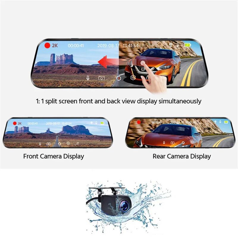 10 Inch Full Screen 2K Ultra HD WiFi Dash Cam with Dual-Lens System and Rearview Parking Camera