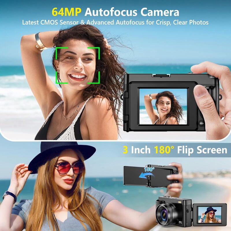 DC101 4K Ultra HD Digital Camera with 64MP High-Resolution Photos and 180° Flip Screen for Vlogging