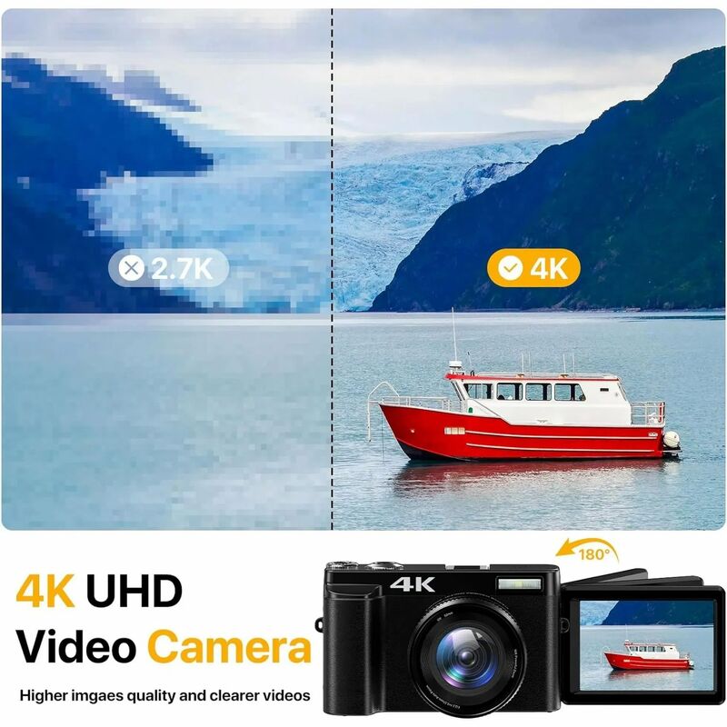 DC101 4K Ultra HD Digital Camera with 64MP High-Resolution Photos and 180° Flip Screen for Vlogging