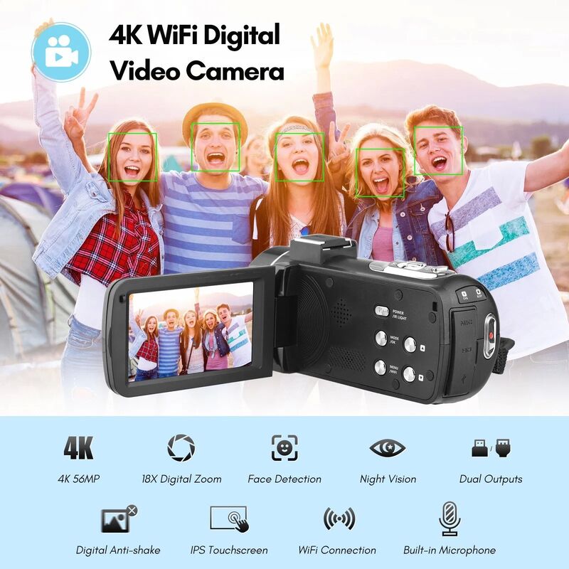 4K Digital Camera with 56MP Resolution 3 Inch Touch Screen and Night Vision WiFi DV Camcorder