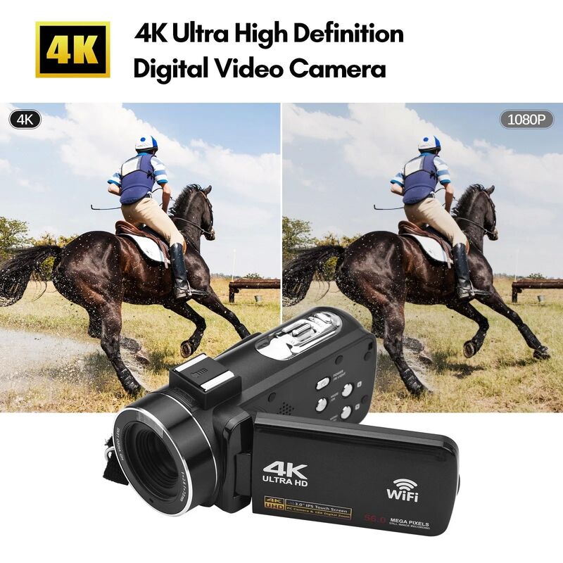 4K Digital Camera with 56MP Resolution 3 Inch Touch Screen and Night Vision WiFi DV Camcorder