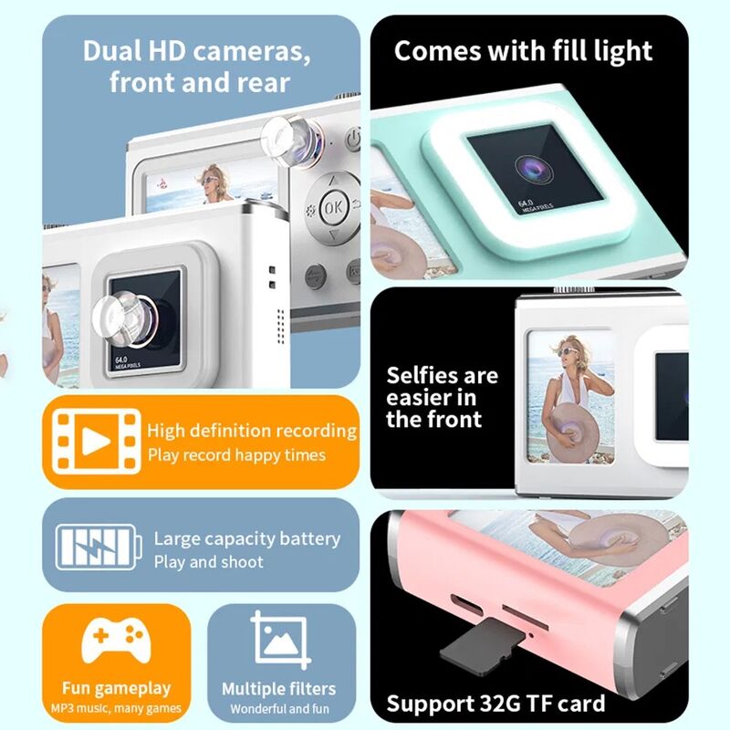 Y23 2.4 Inch HD Screen Dual Lens CCD Digital Camera with 32G TF Card - Pink