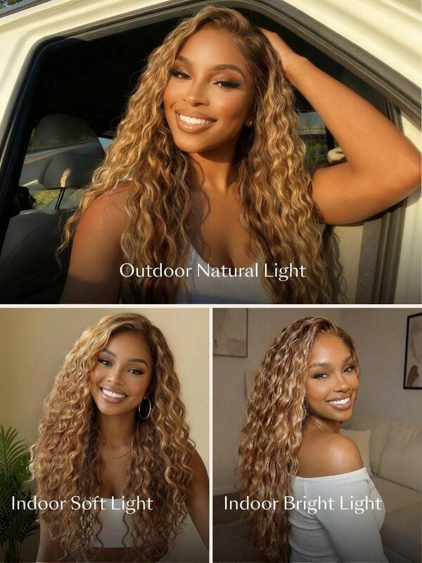 13x4 Lace Frontal Wig with Water Wave Texture in Bronde and Honey Blonde Highlights