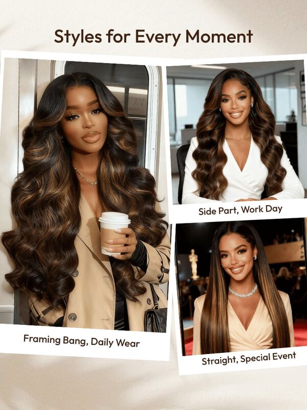 7x5 Lace Closure Balayage Highlights Body Wave Human Hair Wig with Bye Bye Slip Technology