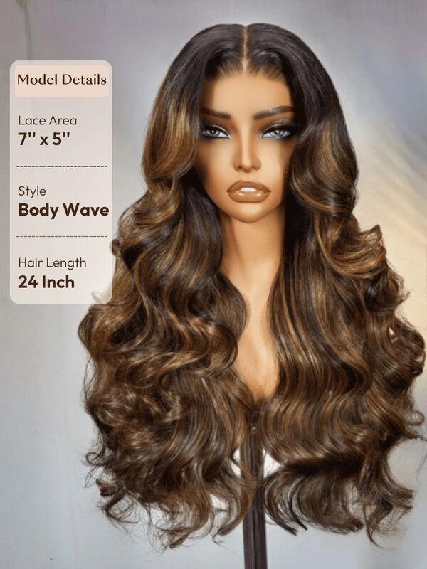 7x5 Lace Closure Balayage Highlights Body Wave Human Hair Wig with Bye Bye Slip Technology