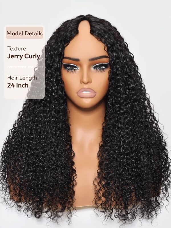 V Part Jerry Curly Wig with 180% Density Invisible Drawstring for No Leave Out Protective Styling
