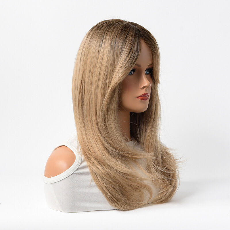 Soft Silk Blonde Medium Length Full Head Wig with Center Parted Bangs for Women