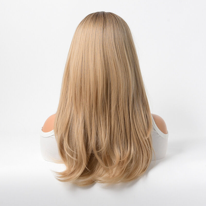 Soft Silk Blonde Medium Length Full Head Wig with Center Parted Bangs for Women