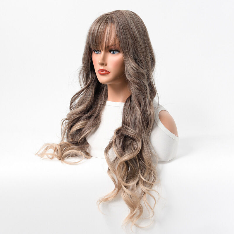 Long Ombre Brown Light Ash Platinum Blonde Wavy Curly Synthetic Wig with Gradient Gray Wave and Straight Bangs