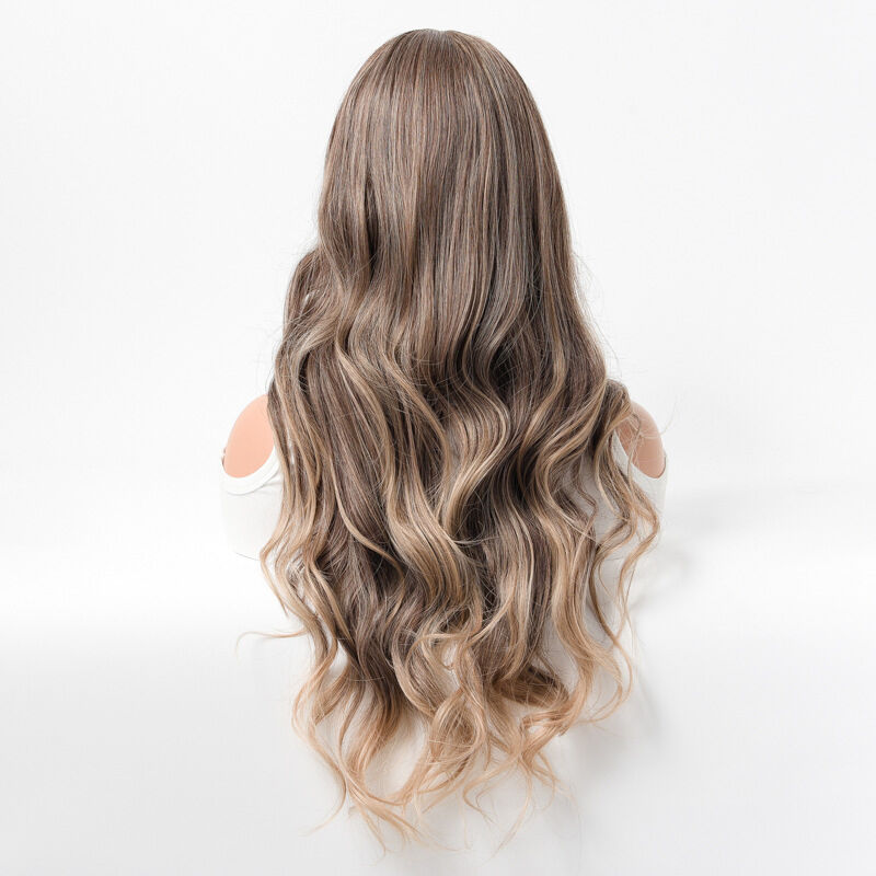 Long Ombre Brown Light Ash Platinum Blonde Wavy Curly Synthetic Wig with Gradient Gray Wave and Straight Bangs