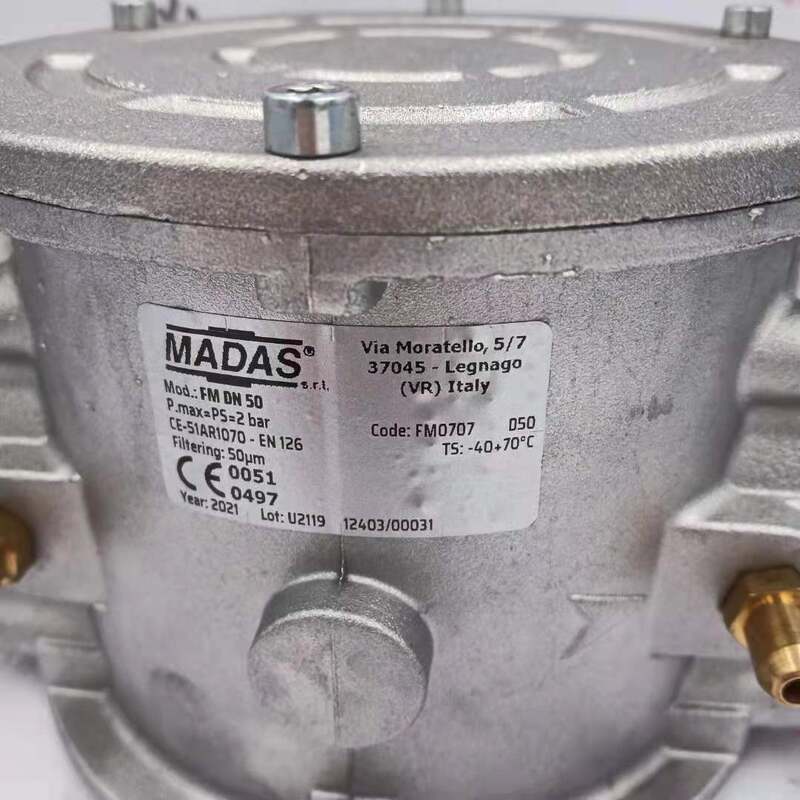 Filtro Gas MADAS Serie FM FM07 Interfaccia Filettata DN50 Struttura Metallica Sistemi di Combustione Industriale Garanzia 6 Mesi