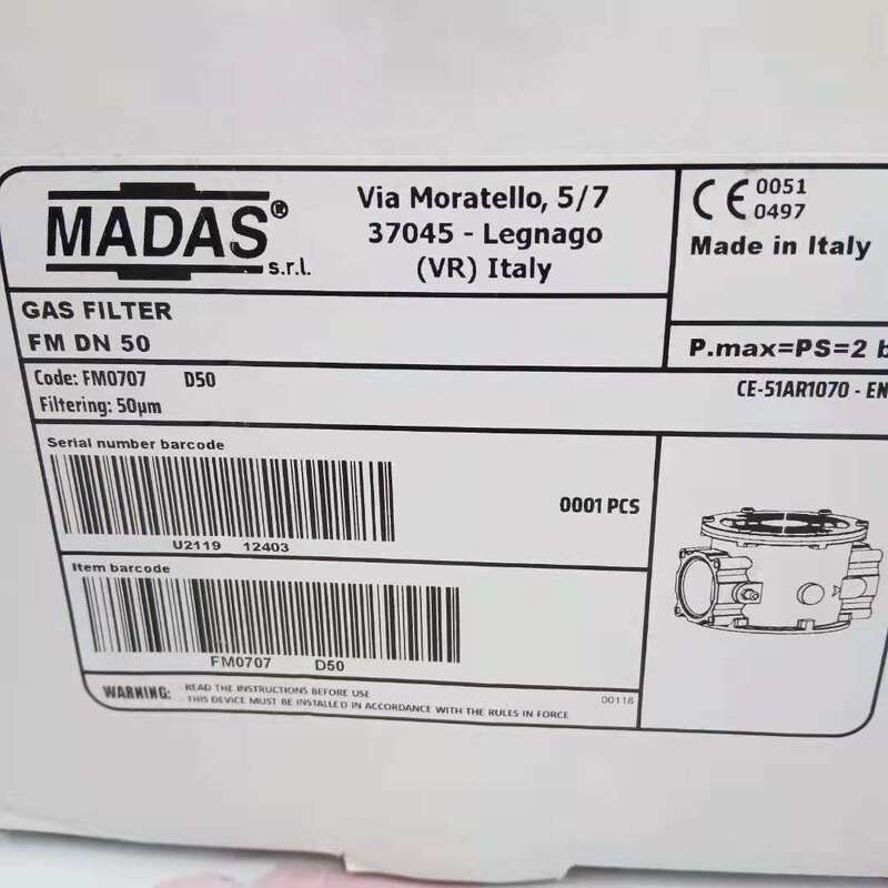 Filtro Gas MADAS Serie FM FM07 Interfaccia Filettata DN50 Struttura Metallica Sistemi di Combustione Industriale Garanzia 6 Mesi