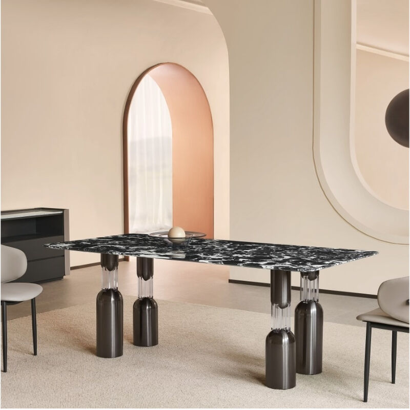 Modern Stylish Dining Table with Golden Stainless Steel Frame and Bulgari Black Natural Marble Top