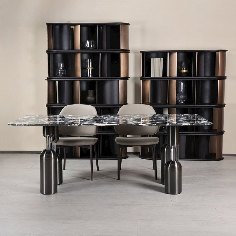 Modern Stylish Dining Table with Golden Stainless Steel Frame and Bulgari Black Natural Marble Top