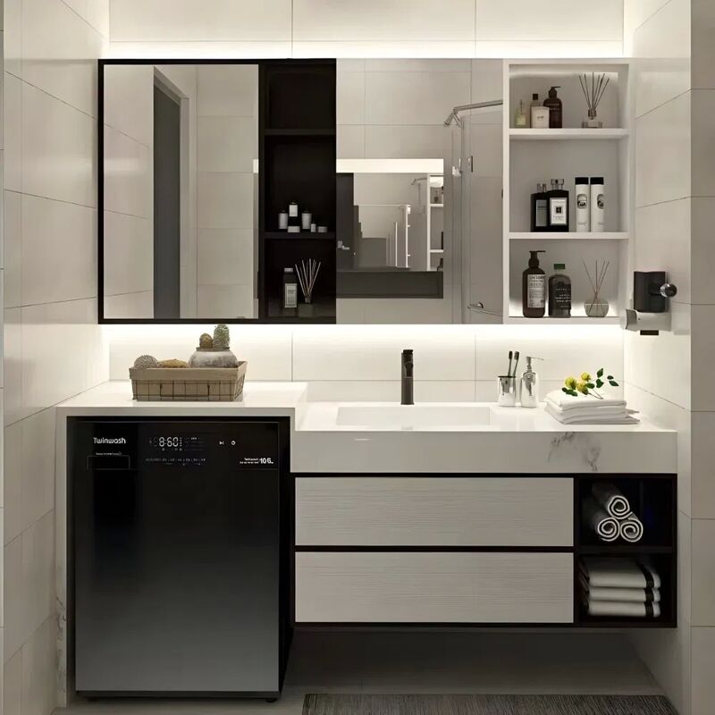 Modern Customized Bathroom Cabinet with Mirror Lamp and Water Blocking Plate for Laundry Room