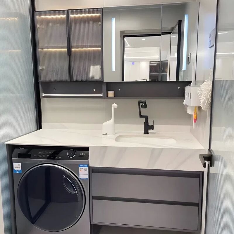 Modern Customized Bathroom Cabinet with Mirror Lamp and Water Blocking Plate for Laundry Room