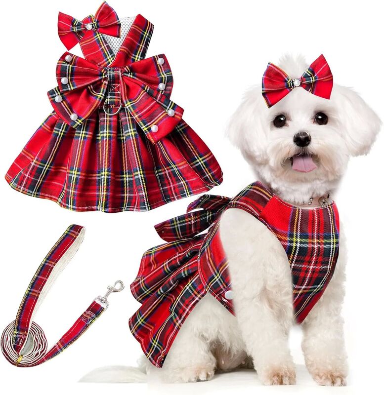 Cute Polyester Dog Dress with Plaid Bow Tie for Comfortable Fit Small Dogs