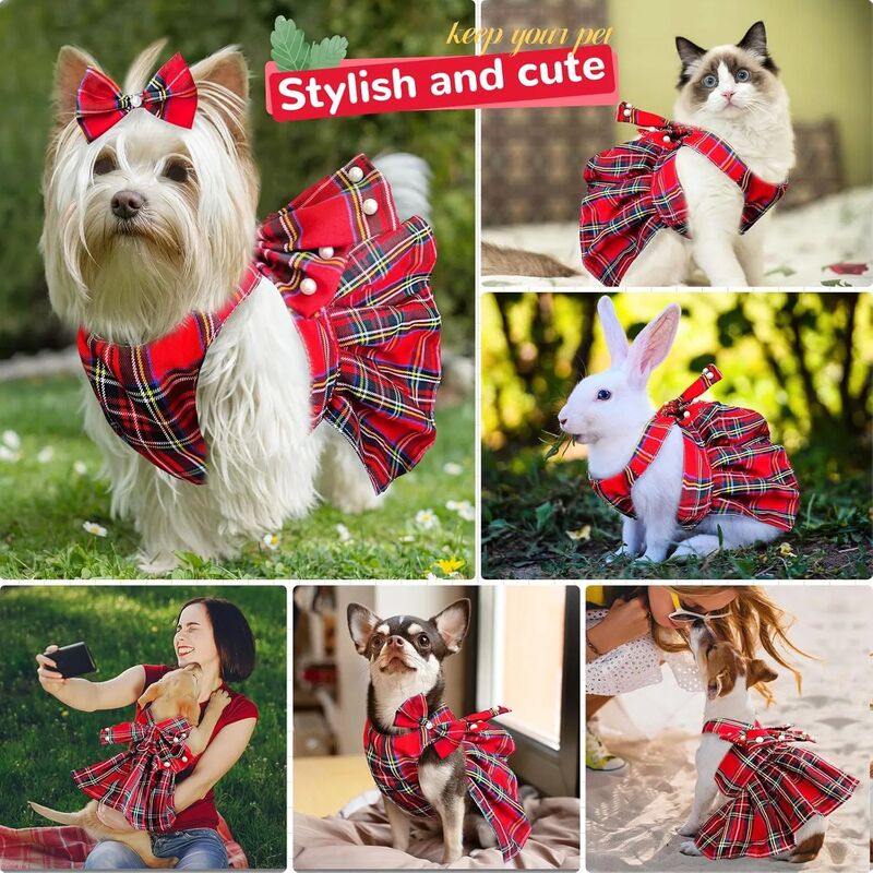 Cute Polyester Dog Dress with Plaid Bow Tie for Comfortable Fit Small Dogs