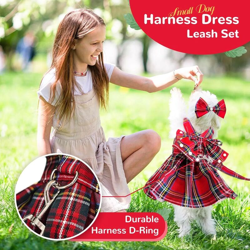 Cute Polyester Dog Dress with Plaid Bow Tie for Comfortable Fit Small Dogs