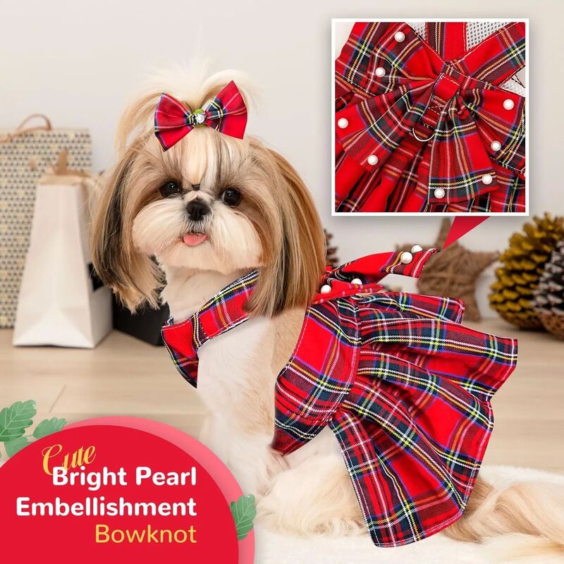 Cute Polyester Dog Dress with Plaid Bow Tie for Comfortable Fit Small Dogs
