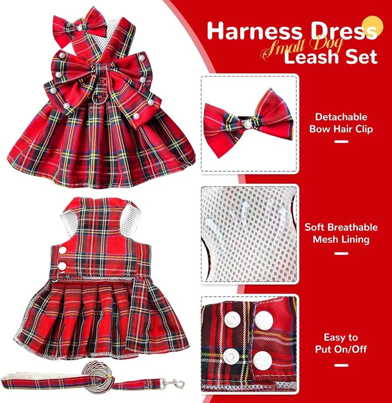 Cute Polyester Dog Dress with Plaid Bow Tie for Comfortable Fit Small Dogs
