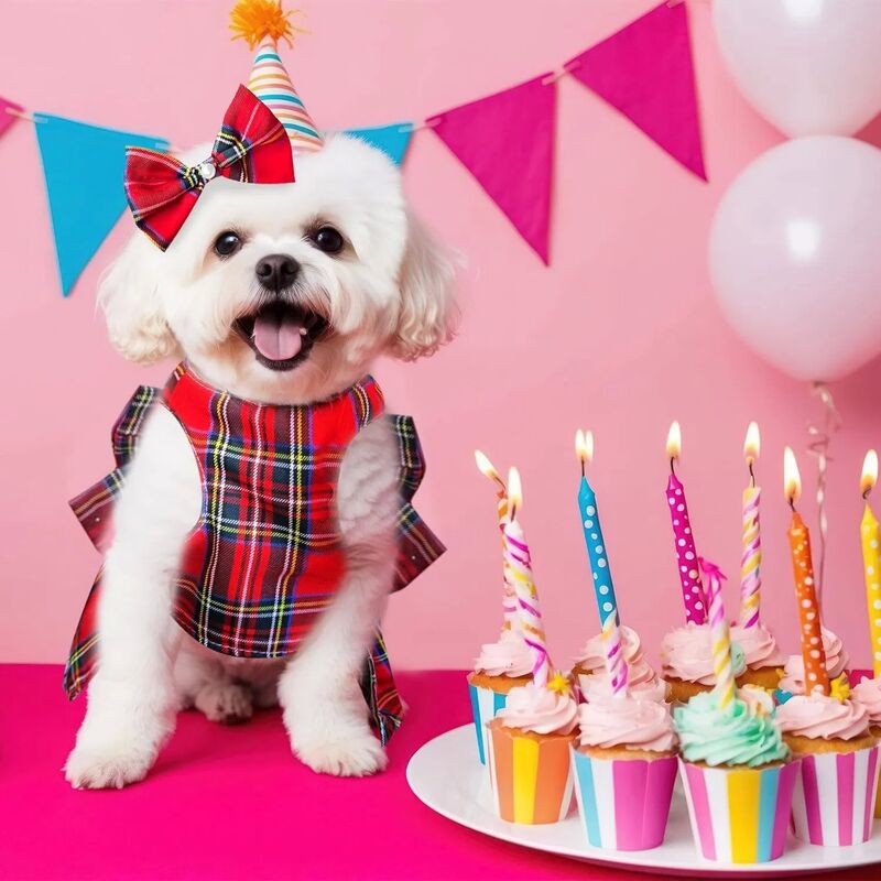 Cute Polyester Dog Dress with Plaid Bow Tie for Comfortable Fit Small Dogs