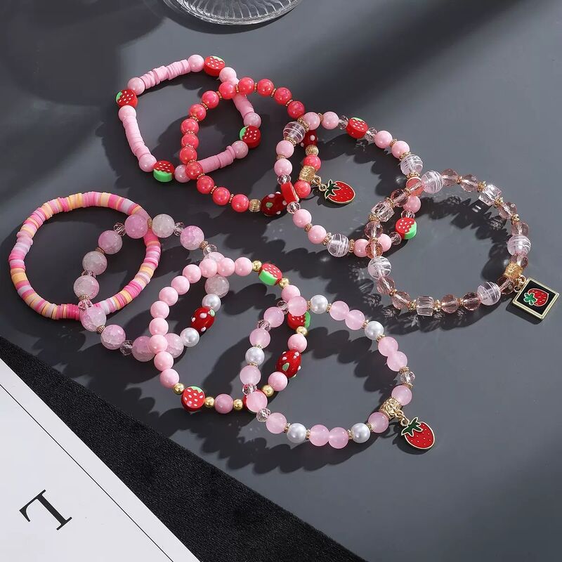 Cute Cartoon Style Strawberry Beaded Alloy Bracelet Colorful Strawberry Pendant Bracelet Set for Unisex Jewelry Wholesale