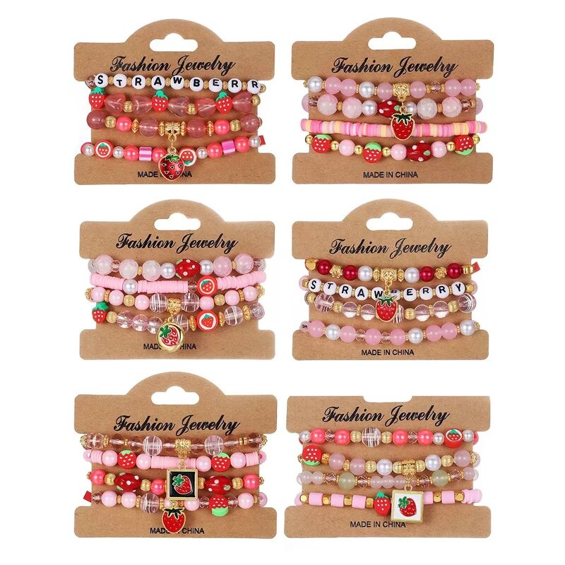 Cute Cartoon Style Strawberry Beaded Alloy Bracelet Colorful Strawberry Pendant Bracelet Set for Unisex Jewelry Wholesale