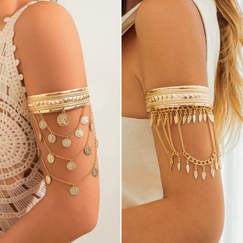 Vintage Figure Coin Pendants Tassels Open Upper Arm Bracelets Women Charms Lady Street Wear Fashion Jewelry Accessories