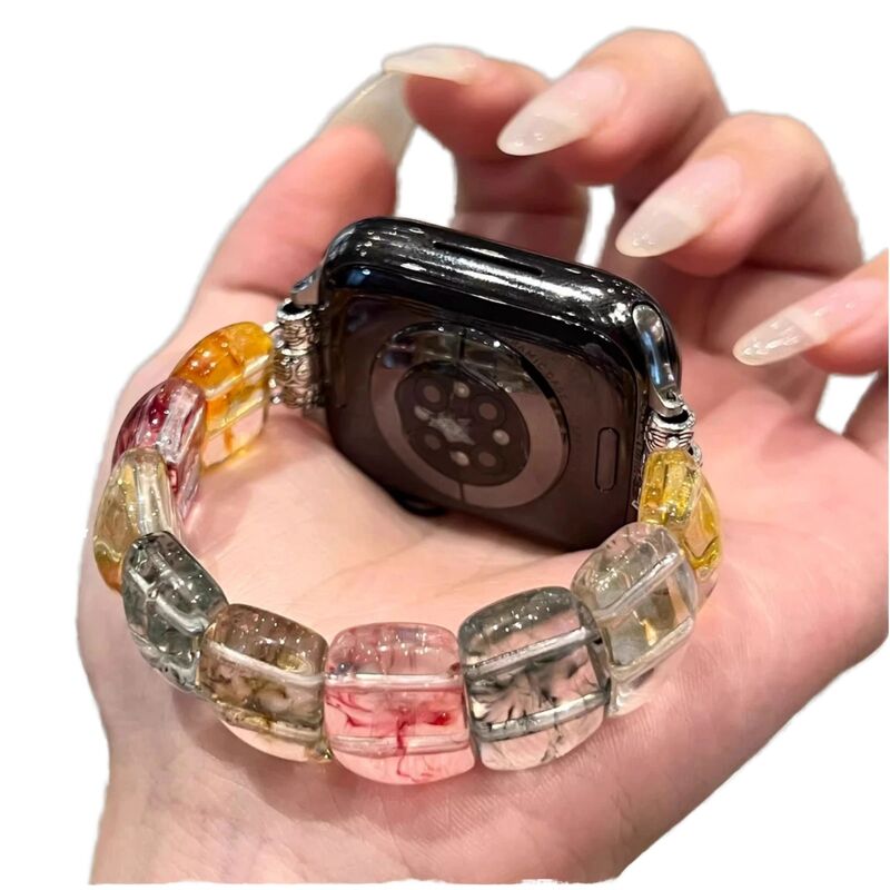 Colorful Transparent Resin & Alloy Steel Beaded Snap Buckle Band for Watch Ultra 42mm Elastic Smart Watch