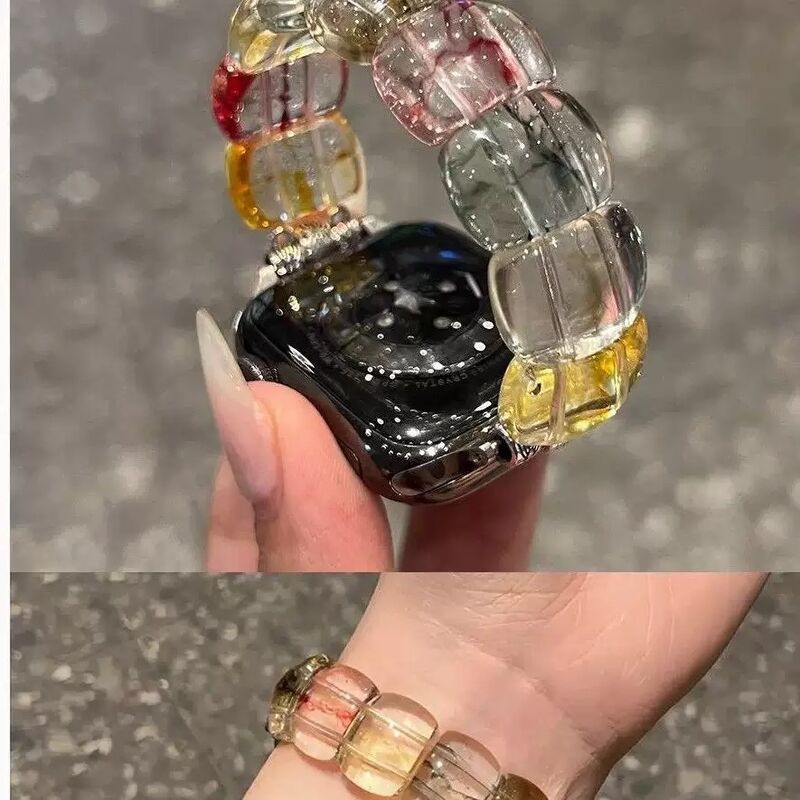 Colorful Transparent Resin & Alloy Steel Beaded Snap Buckle Band for Watch Ultra 42mm Elastic Smart Watch