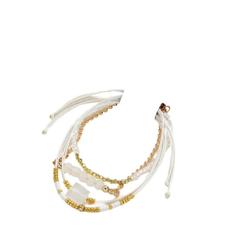 Women's Bohemian Christian 4 PC Set Plastic Crystal Seed Beads Adjustable Woven Wax Cord White Beaded Bracelet Gift
