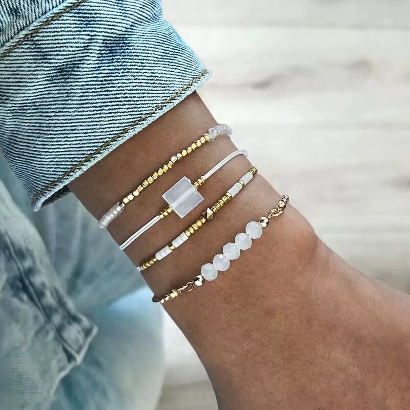 Women's Bohemian Christian 4 PC Set Plastic Crystal Seed Beads Adjustable Woven Wax Cord White Beaded Bracelet Gift