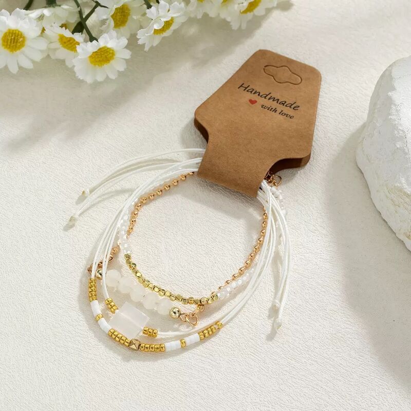 Women's Bohemian Christian 4 PC Set Plastic Crystal Seed Beads Adjustable Woven Wax Cord White Beaded Bracelet Gift