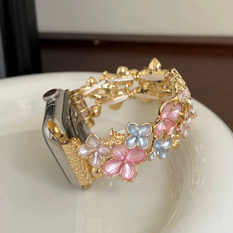 Flower Elastic Metal Strap Clasp for Watch Gold Luxury Stainless Steel Breathable Compatible 38/40/41mm