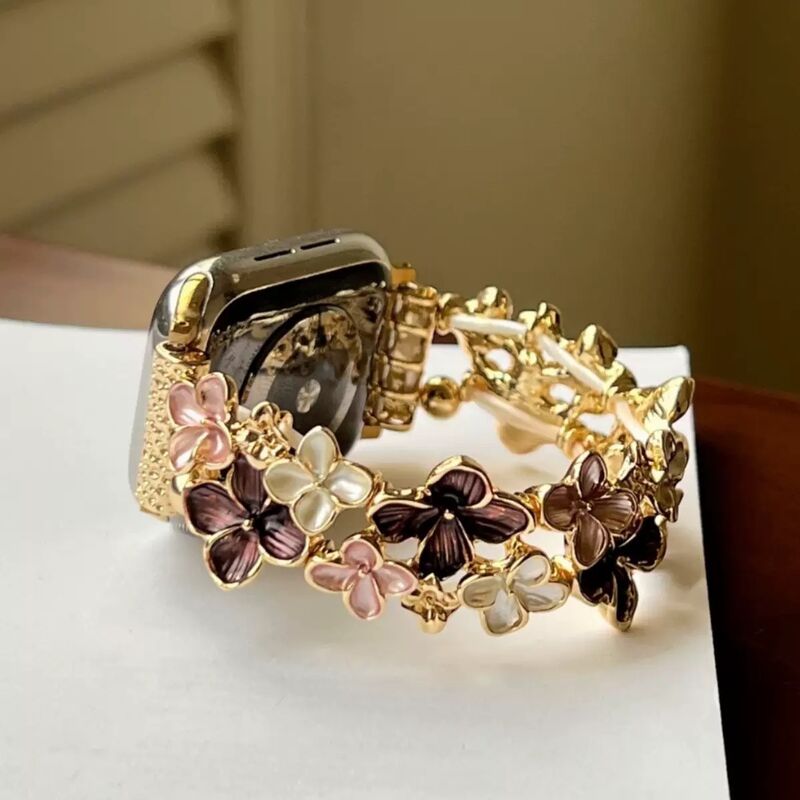 Flower Elastic Metal Strap Clasp for Watch Gold Luxury Stainless Steel Breathable Compatible 38/40/41mm