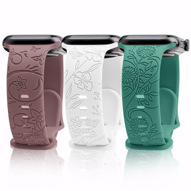 Watchband Factory 45mm 49mm Embossed Carved Smart Watch Strap for Apple Watch 8 7 6 Luxury Charm Silicone Watch Bands