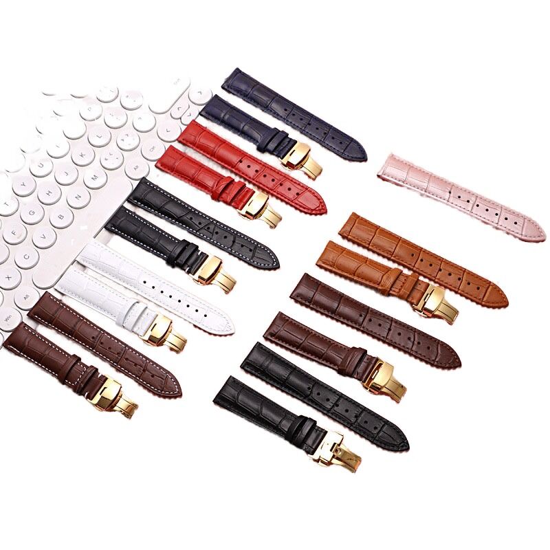 Real Animal Skin Full Grain Leather Watch Band Soft Thin Slim Butterfly Clasp Alloy Buckle 12mm Band Width 18cm Length High