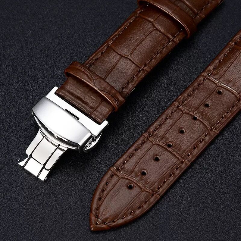 Real Animal Skin Full Grain Leather Watch Band Soft Thin Slim Butterfly Clasp Alloy Buckle 12mm Band Width 18cm Length High