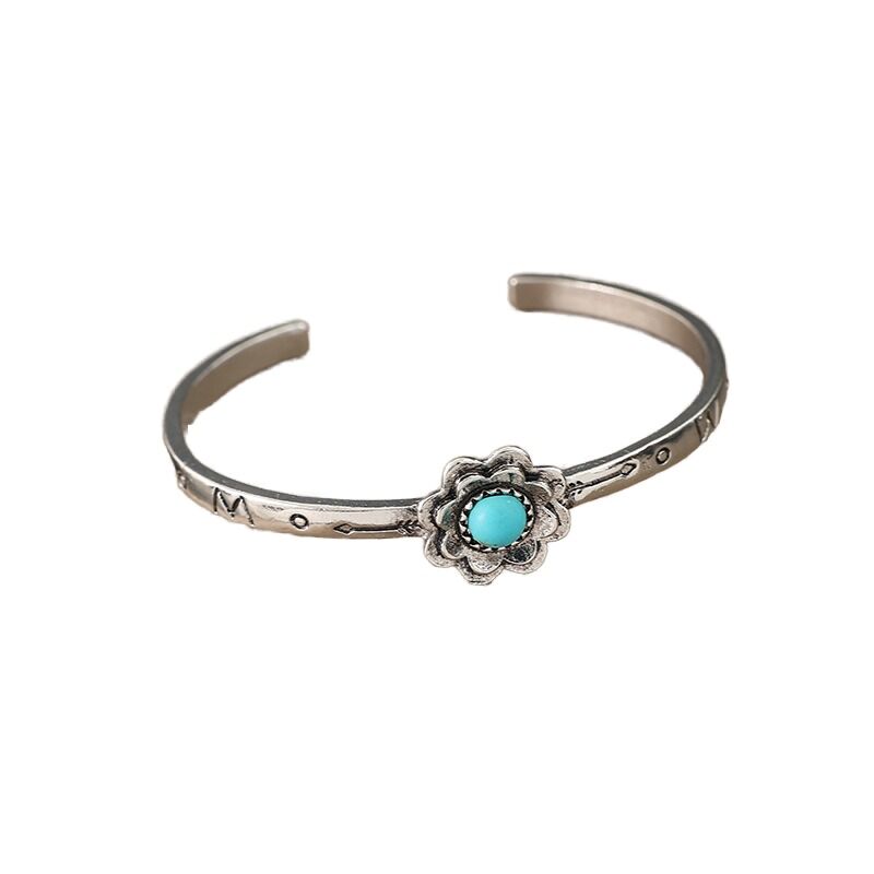 Vintage Western Bohemia Style Turquoise Flower Charm Round Elastic Bracelet Antique Silver Plated Alloy for Women Party Gift