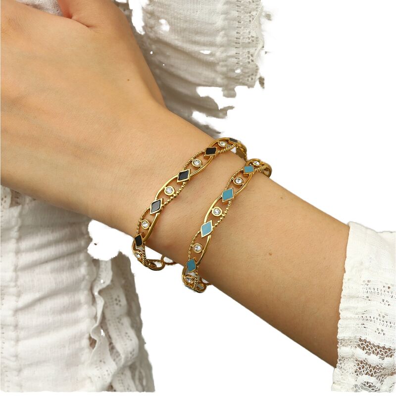 French Retro Women's Trendy Party Stainless Steel 18K Gold Plated Rhombus Oil Drip Zircon Hollow Open Bracelet Bangle