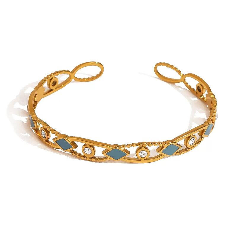 French Retro Women's Trendy Party Stainless Steel 18K Gold Plated Rhombus Oil Drip Zircon Hollow Open Bracelet Bangle