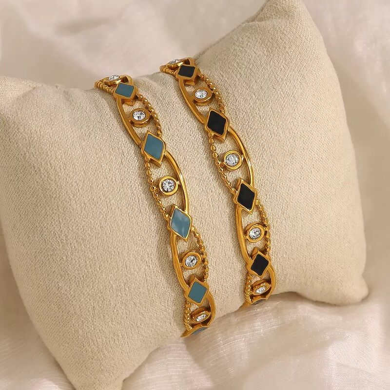 French Retro Women's Trendy Party Stainless Steel 18K Gold Plated Rhombus Oil Drip Zircon Hollow Open Bracelet Bangle
