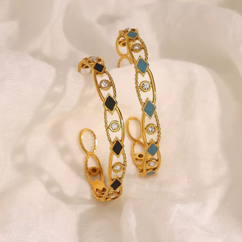 French Retro Women's Trendy Party Stainless Steel 18K Gold Plated Rhombus Oil Drip Zircon Hollow Open Bracelet Bangle
