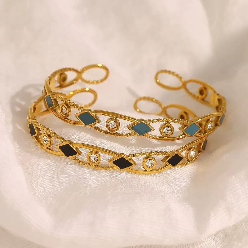 French Retro Women's Trendy Party Stainless Steel 18K Gold Plated Rhombus Oil Drip Zircon Hollow Open Bracelet Bangle