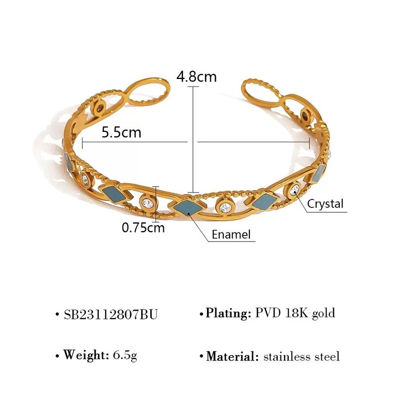 French Retro Women's Trendy Party Stainless Steel 18K Gold Plated Rhombus Oil Drip Zircon Hollow Open Bracelet Bangle